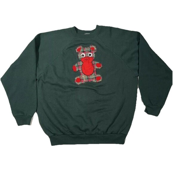 Vintage‎ 90s Tultex Christmas Sweatshirt Googly Eyes Bear Green L Made in USA - Picture 1 of 4